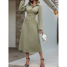 Spring Autumn Cardigan Button Polo Collar Solid Color Long Sleeve Slim Fit Dress