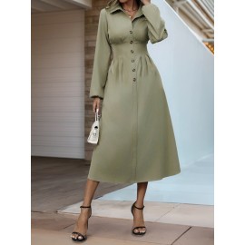 Spring Autumn Cardigan Button Polo Collar Solid Color Long Sleeve Slim Fit Dress