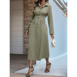 Spring Autumn Cardigan Button Polo Collar Solid Color Long Sleeve Slim Fit Dress