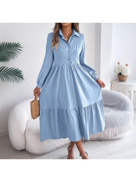 Autumn Winter Collared Casual Loose Long Sleeve Ruffled Shirt Dress Women Clothing
