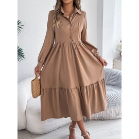 Autumn Winter Collared Casual Loose Long Sleeve Ruffled Shirt Dress Women Clothing