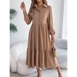 Autumn Winter Collared Casual Loose Long Sleeve Ruffled Shirt Dress Women Clothing