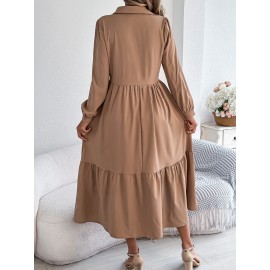 Autumn Winter Collared Casual Loose Long Sleeve Ruffled Shirt Dress Women Clothing