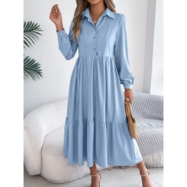 Autumn Winter Collared Casual Loose Long Sleeve Ruffled Shirt Dress Women Clothing