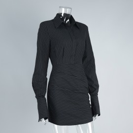 Striped Long Sleeved Shirt Dress Spring Summer Mini Hip Dress Slim Fit Dress Women