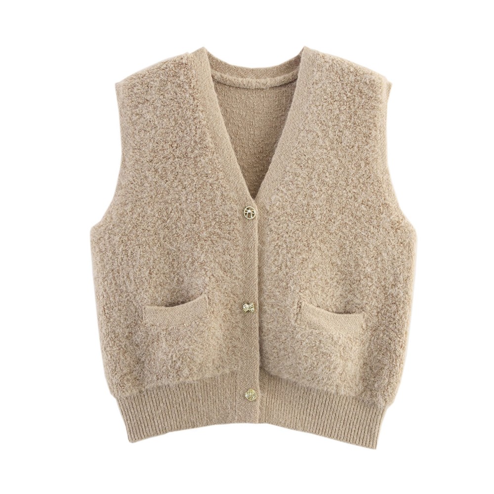 Women Clothing Autumn French Minority Towel Knitted V neck Pocket Cardigan Sweater Vest