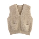 Women Clothing Autumn French Minority Towel Knitted V neck Pocket Cardigan Sweater Vest