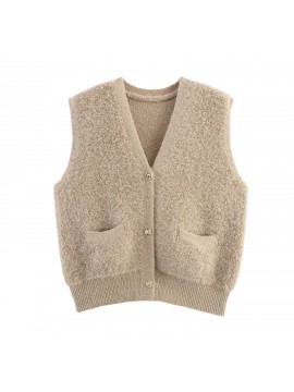 Women Clothing Autumn French Minority Towel Knitted V neck Pocket Cardigan Sweater Vest