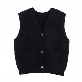 Women Clothing Autumn French Minority Towel Knitted V neck Pocket Cardigan Sweater Vest