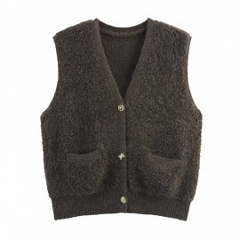 Women Clothing Autumn French Minority Towel Knitted V neck Pocket Cardigan Sweater Vest
