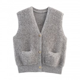 Women Clothing Autumn French Minority Towel Knitted V neck Pocket Cardigan Sweater Vest