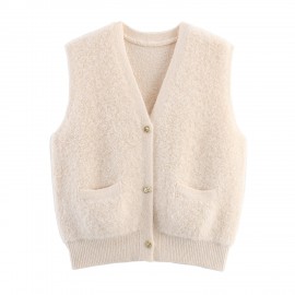 Women Clothing Autumn French Minority Towel Knitted V neck Pocket Cardigan Sweater Vest