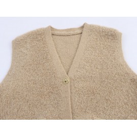 Women Clothing Autumn French Minority Towel Knitted V neck Pocket Cardigan Sweater Vest