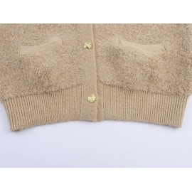 Women Clothing Autumn French Minority Towel Knitted V neck Pocket Cardigan Sweater Vest