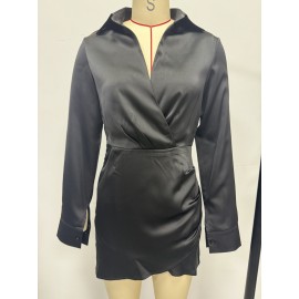 Women Clothing Satin Autumn Long Sleeve Dress Fitted Waist Pleated Simple Short Dress