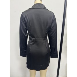 Women Clothing Satin Autumn Long Sleeve Dress Fitted Waist Pleated Simple Short Dress