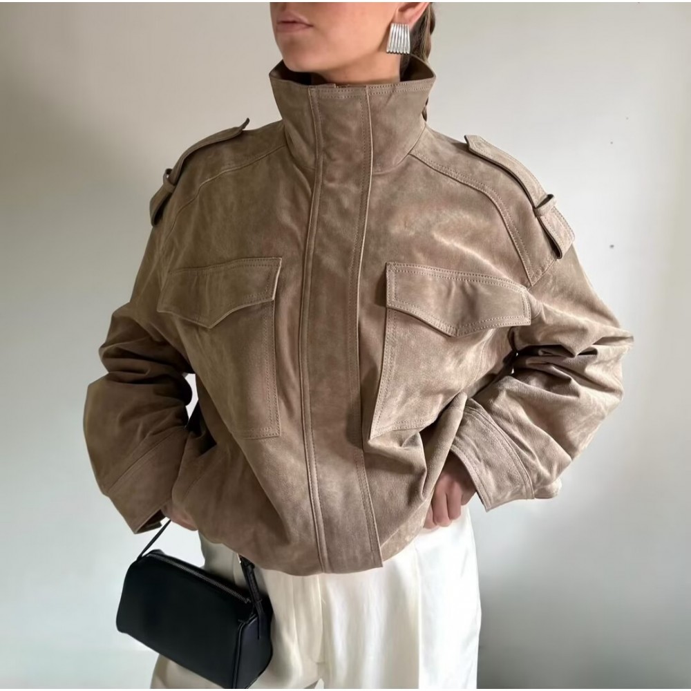 Women Clothing Suede Textured Leather Coat