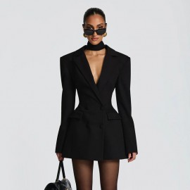 Women Clothing Autumn Solid Color Casual Slim Fit Long Sleeve Bud Faux Pocket Dress