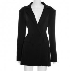 Women Clothing Autumn Solid Color Casual Slim Fit Long Sleeve Bud Faux Pocket Dress