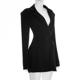 Women Clothing Autumn Solid Color Casual Slim Fit Long Sleeve Bud Faux Pocket Dress