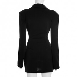 Women Clothing Autumn Solid Color Casual Slim Fit Long Sleeve Bud Faux Pocket Dress
