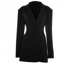 Women Clothing Autumn Solid Color Casual Slim Fit Long Sleeve Bud Faux Pocket Dress