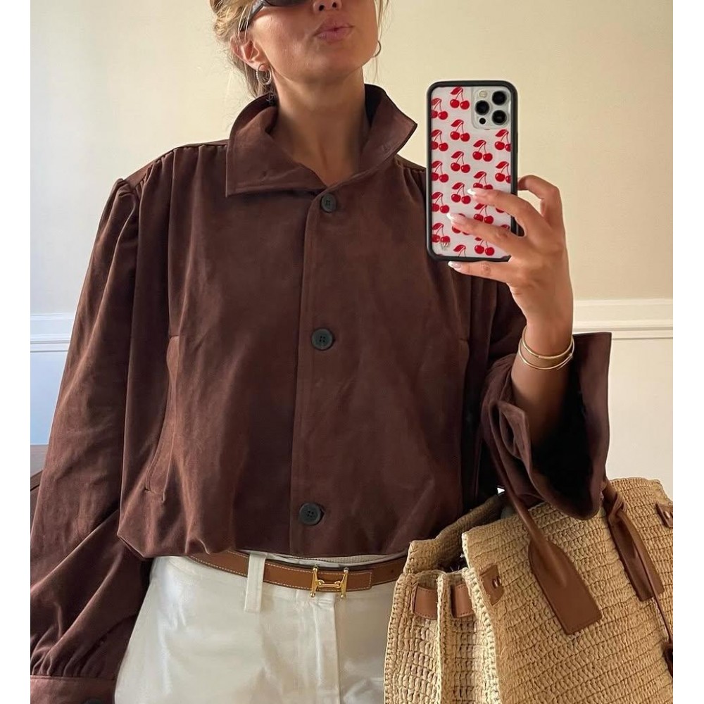 Elegant Women Clothing Solid Color Suede Pleated Stand Collar Coat