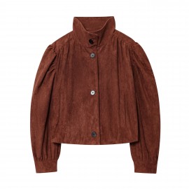 Elegant Women Clothing Solid Color Suede Pleated Stand Collar Coat