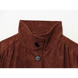 Elegant Women Clothing Solid Color Suede Pleated Stand Collar Coat