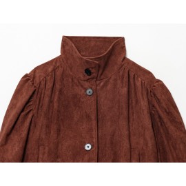 Elegant Women Clothing Solid Color Suede Pleated Stand Collar Coat