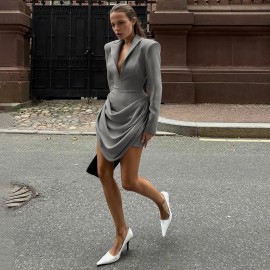 Women Clothing Autumn Winter Solid Color Slim Deep V Plunge neck Waist Controlled Slimming Blazers Dress