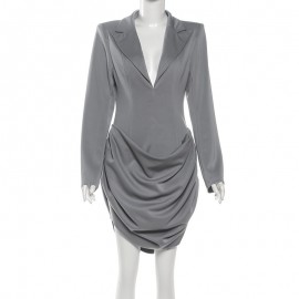 Women Clothing Autumn Winter Solid Color Slim Deep V Plunge neck Waist Controlled Slimming Blazers Dress