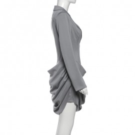 Women Clothing Autumn Winter Solid Color Slim Deep V Plunge neck Waist Controlled Slimming Blazers Dress