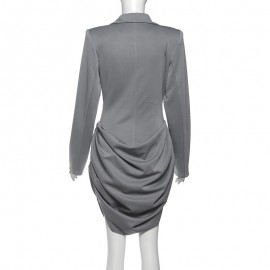 Women Clothing Autumn Winter Solid Color Slim Deep V Plunge neck Waist Controlled Slimming Blazers Dress