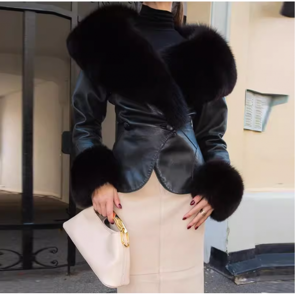 Women Clothing Autumn Winter Big Fur Collar Waist Controlled Short Jacket Leather Coat