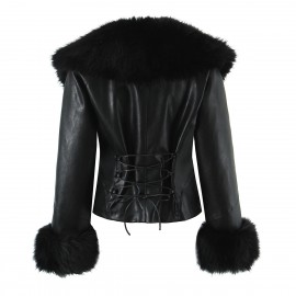 Women Clothing Autumn Winter Big Fur Collar Waist Controlled Short Jacket Leather Coat