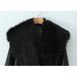 Women Clothing Autumn Winter Big Fur Collar Waist Controlled Short Jacket Leather Coat