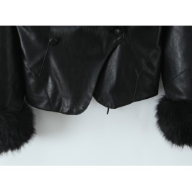Women Clothing Autumn Winter Big Fur Collar Waist Controlled Short Jacket Leather Coat