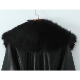 Women Clothing Autumn Winter Big Fur Collar Waist Controlled Short Jacket Leather Coat