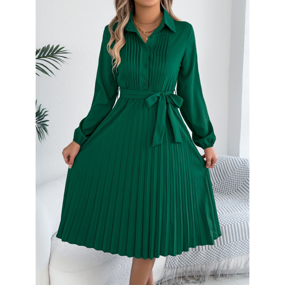 Spring Summer Elegant Solid Color Collared Long Sleeve Cinched Pleated Dress Women Clothing