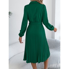 Spring Summer Elegant Solid Color Collared Long Sleeve Cinched Pleated Dress Women Clothing