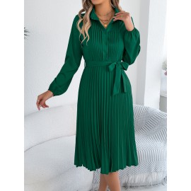 Spring Summer Elegant Solid Color Collared Long Sleeve Cinched Pleated Dress Women Clothing