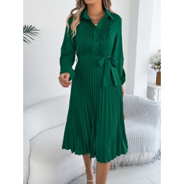 Spring Summer Elegant Solid Color Collared Long Sleeve Cinched Pleated Dress Women Clothing