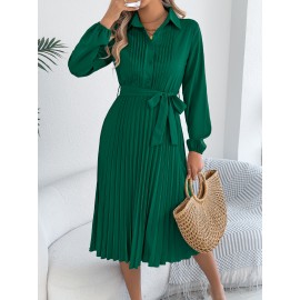 Spring Summer Elegant Solid Color Collared Long Sleeve Cinched Pleated Dress Women Clothing