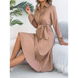 Spring Summer Elegant Solid Color Collared Long Sleeve Cinched Pleated Dress Women Clothing