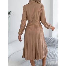 Spring Summer Elegant Solid Color Collared Long Sleeve Cinched Pleated Dress Women Clothing