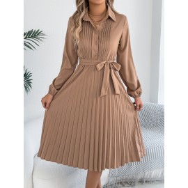 Spring Summer Elegant Solid Color Collared Long Sleeve Cinched Pleated Dress Women Clothing