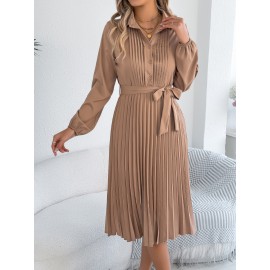 Spring Summer Elegant Solid Color Collared Long Sleeve Cinched Pleated Dress Women Clothing
