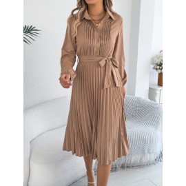 Spring Summer Elegant Solid Color Collared Long Sleeve Cinched Pleated Dress Women Clothing