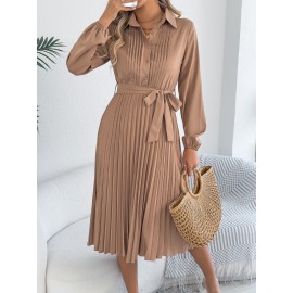 Spring Summer Elegant Solid Color Collared Long Sleeve Cinched Pleated Dress Women Clothing